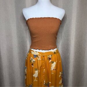 Sky and Sparrow Ribbed Ruffle Cropped Bandeau Tube Top Orange Women’s Small